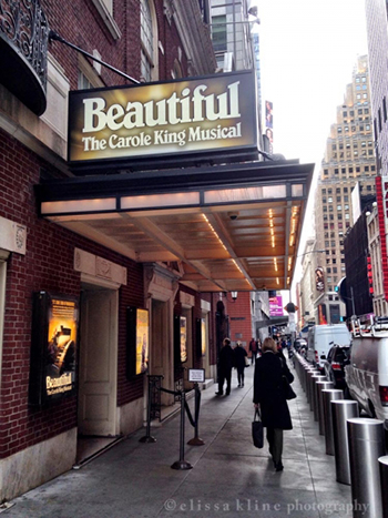 The venue sign for Beautiful: The Carole King Musical on Broadway